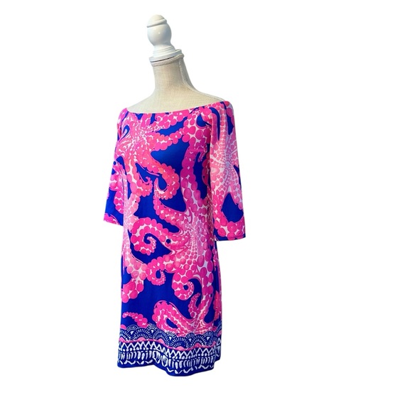 Lilly Pulitzer Off Shoulder Laurana Dress Sz XS Ikat Blue Mocean Engineered - Picture 2 of 12